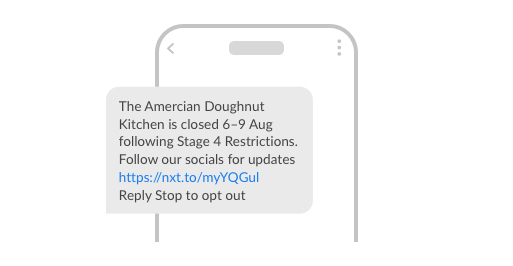 An example SMS that ADK sent to advise of closure due to Covid-19