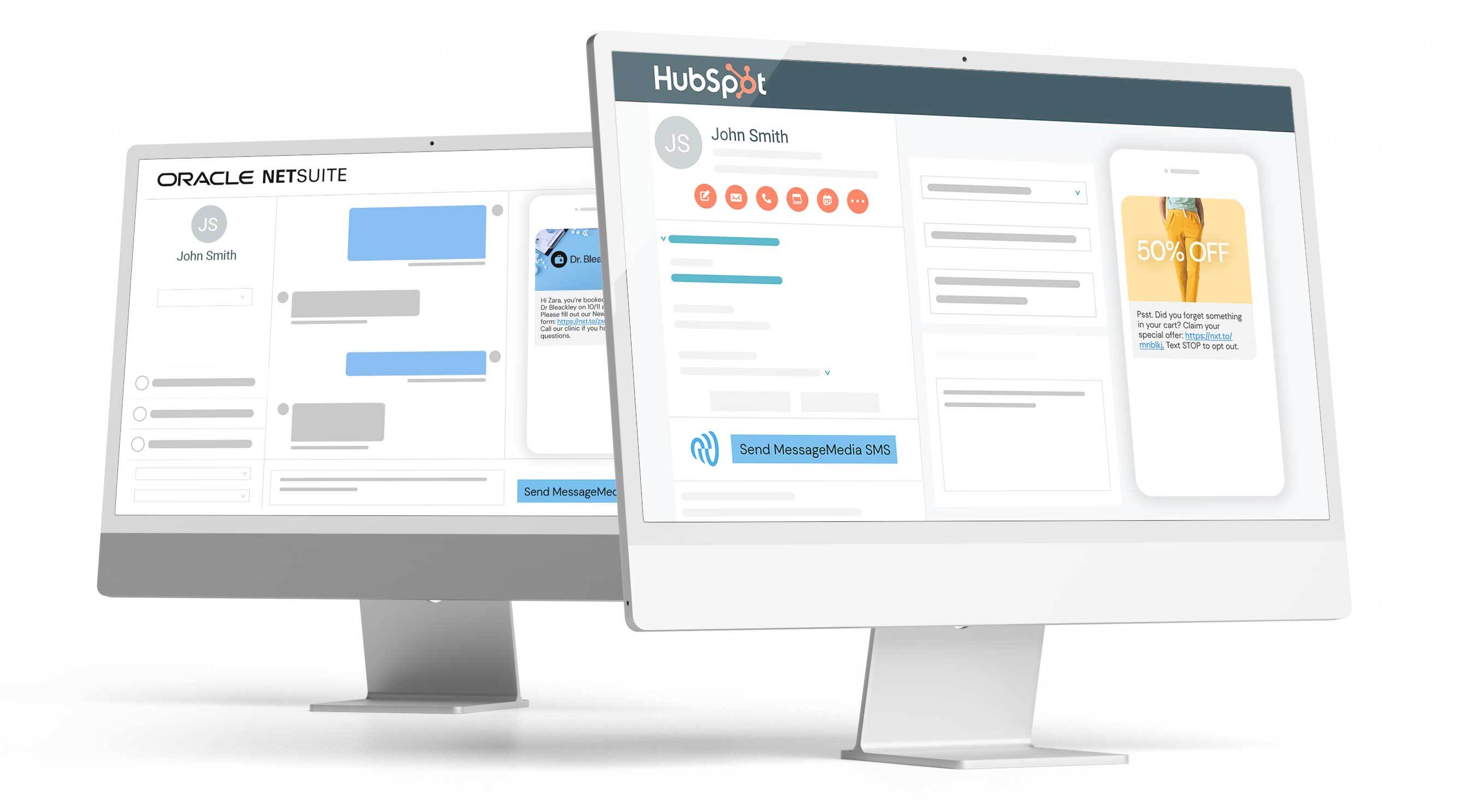 Netsuite and HubSpot SMS integrations on computer screens