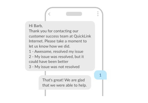 An example SMS replying to a customer who contacted customer support. The SMS is asking for a feedback score