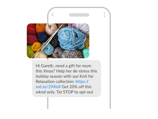 Example MMS with a picture included and a message offering 20% discount on knitting supplies