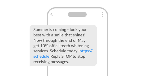 A phone showing an example promotional text message for dentists