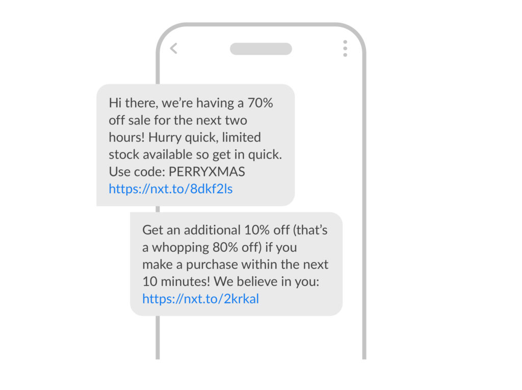 Example SMS sent at Christmas advertising a sale with follow up message for additional discount with a strict time limit on the offer