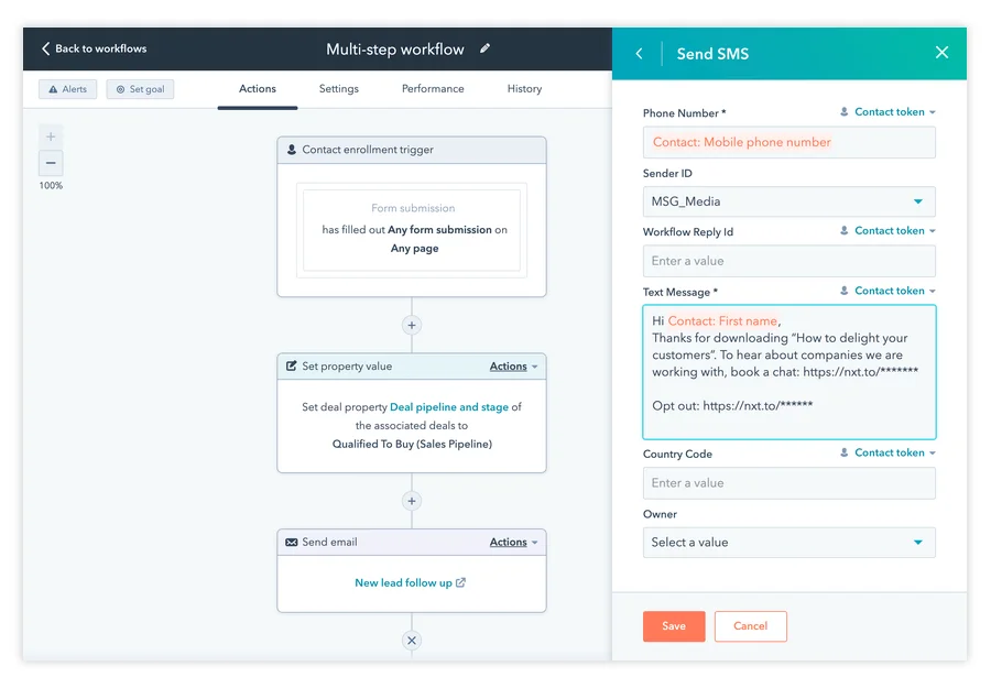 HubSpot send sms detail