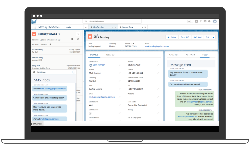 Image showing the mercury SMS for Salesforce integration platform dashboard with Inbox and Message feed