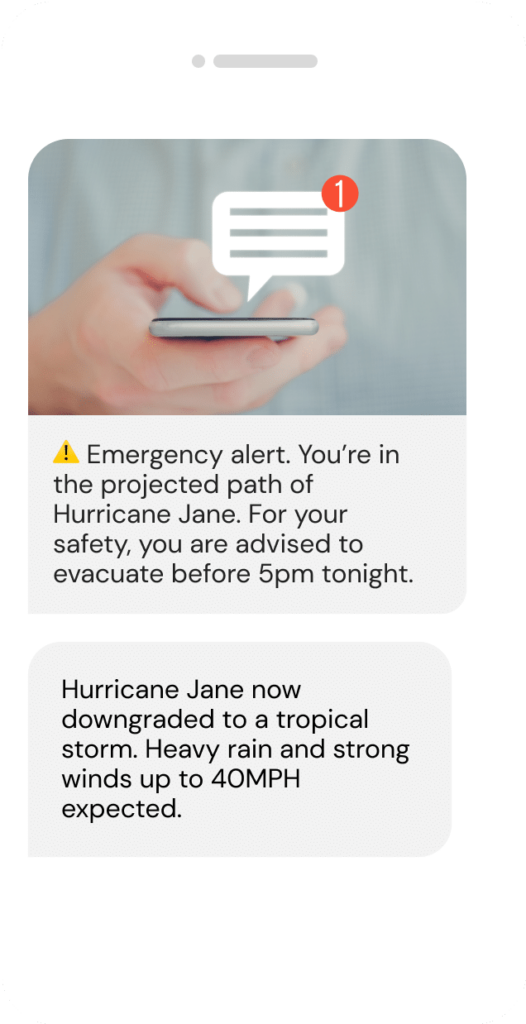 illustrated phone with example of weather alert text message