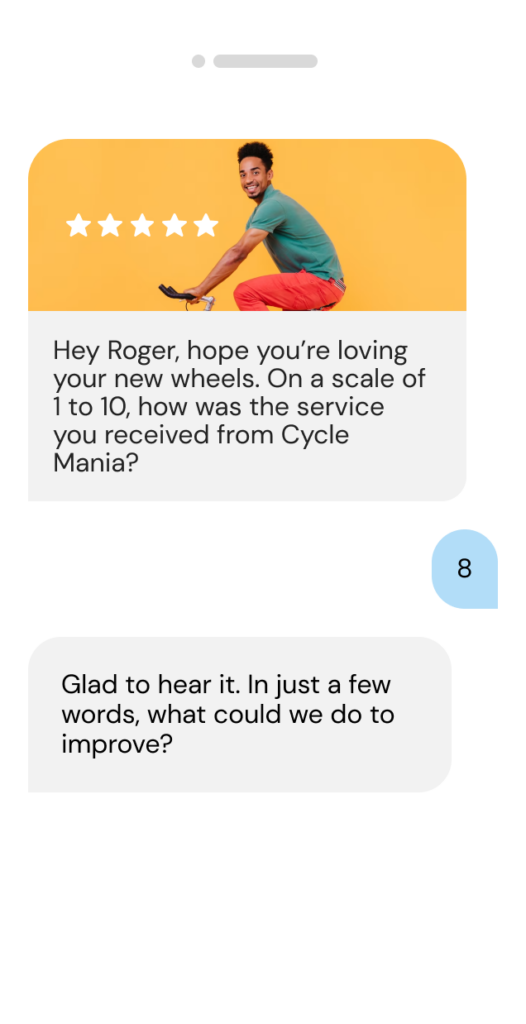 illustrated phone with feedback survey SMS example