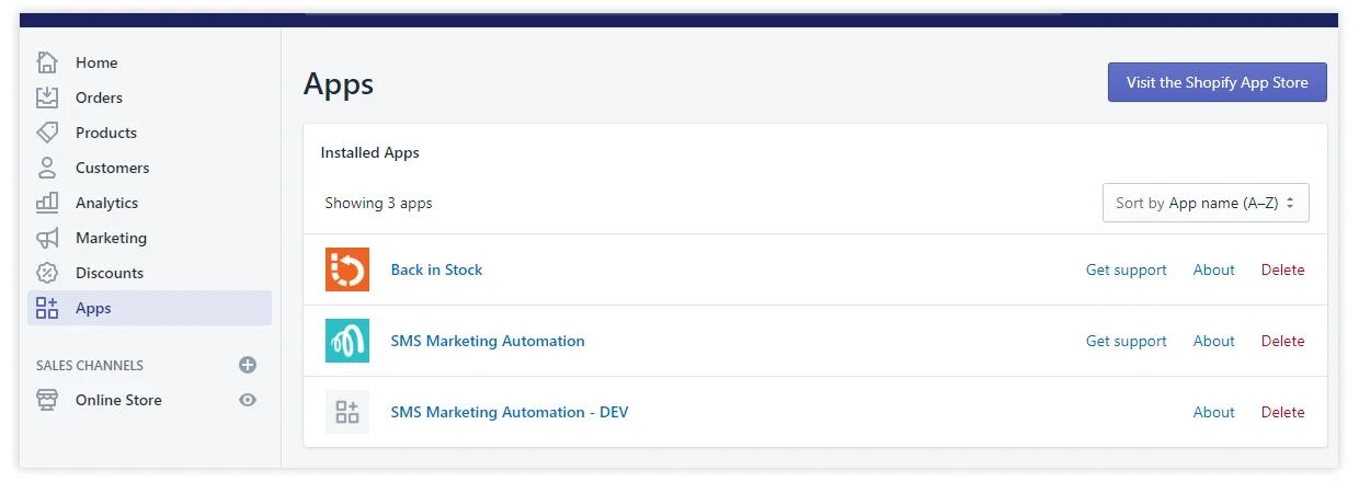 Shopify app selection page with list of supported apps