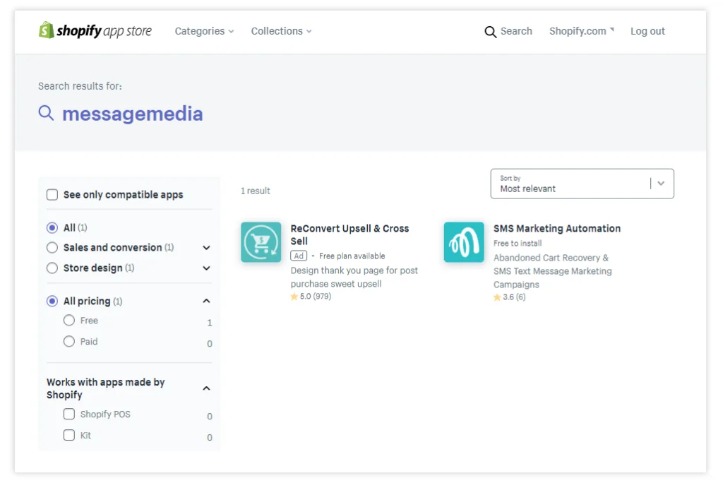Shopify app store platform with two options Reconvert and Marketing Automation.