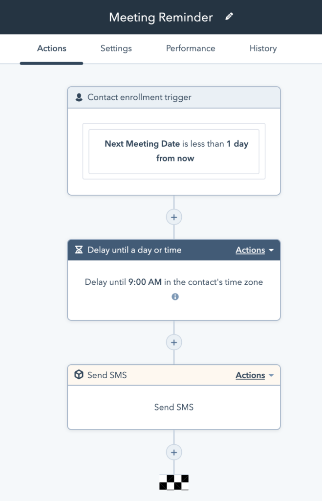 Screenshot from HubSpot showing an SMS reminder which has been scheduled to go out the morning before the meeting at 9am as a reminder