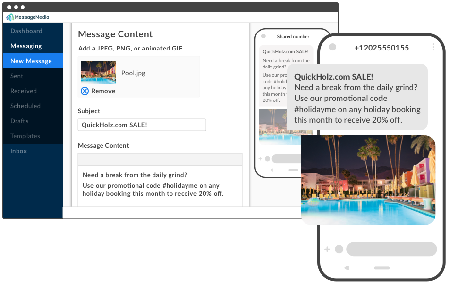 A sneak peek at the MessageMedia portal and the Send MMS screen, which includes the option of attacking an image and some text to send to up to millions of recipients